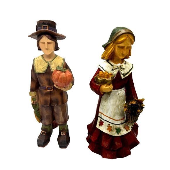Vtg Thanksgiving Pilgrim Couple Figure Hand Painted Wood Decor Harvest Pumpkin - Picture 1 of 13